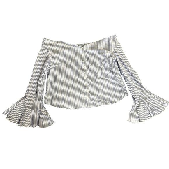 Free People March to the Beat Off the Shoulder Striped Flare Sleeve Top Medium - Picture 4 of 10